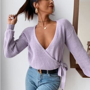 Lavender Knit Wrap V-NeckCrop Sweater